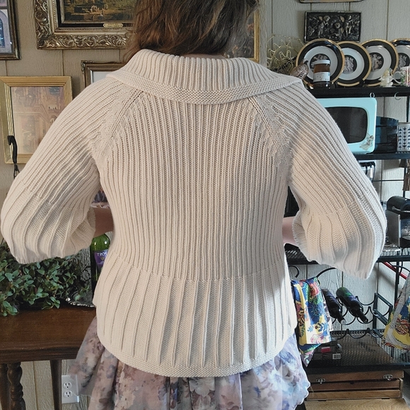 100% Cotton Heavy Knit Sweater Jacket | Cardigan | Ivory Colored | Bell Sleeves - Picture 7 of 11